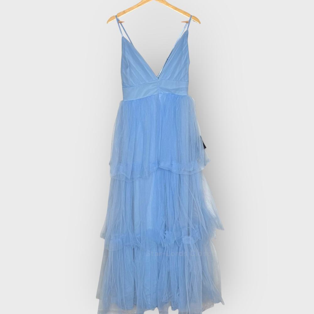 Lulus Charming Glamour Tulle Tiered Maxi Dress Large Light Blue Prom Formal Gown